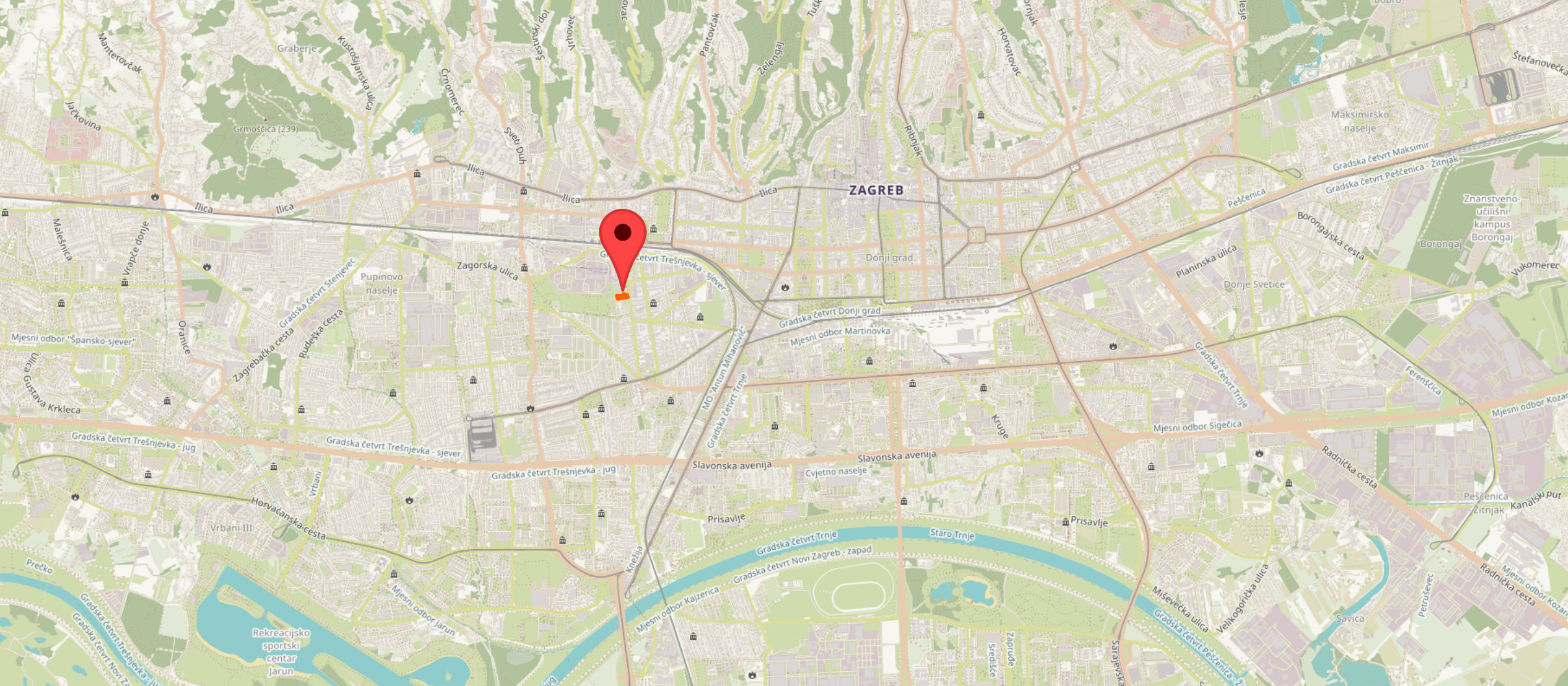 Location of Hotel Zonar, Trg Krešimira Ćosića 9, Zagreb, Croatia. © OpenStreetMap contributors. Tiles style by Humanitarian OpenStreetMap Team.